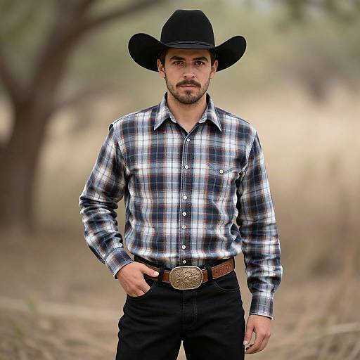 Photograph of a bearded man in a black cowboy hat, plaid shirt, and black pants with a brown belt and ornate buckle, standing