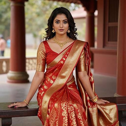 Photograph of an Indian woman with dark hair, wearing a red and gold traditional sari, gold jewelry, seated on a wooden bench in a red