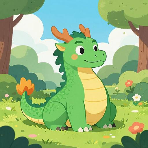 Cartoon-style green dragon with orange horns and tail, sitting in a sunny, colorful forest with trees and flowers.