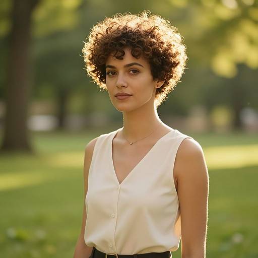 Photograph of a young woman with curly brown hair, wearing a sleeveless white blouse, standing in a sunlit park with green trees in the background