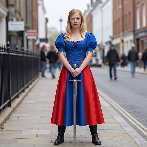 Photograph: Blonde woman in blue puffed-sleeve dress with red skirt and red ribbon, black boots, holding sword, standing on urban street