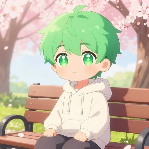 Chibi-style digital drawing of a green-haired boy with large green eyes, wearing a white hoodie, sitting on a wooden bench in a sunny, cherry
