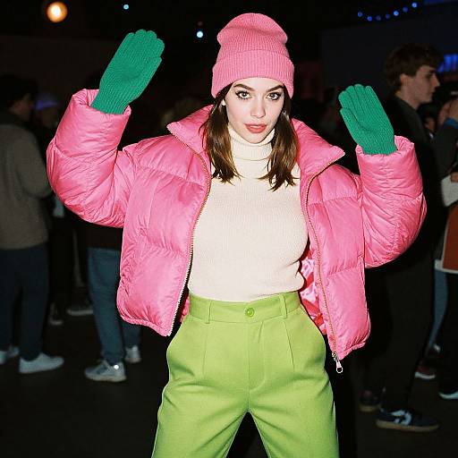 Photograph of a woman in a pink puffer jacket, green mittens, neon green pants, and pink beanie, posing confidently in a dim
