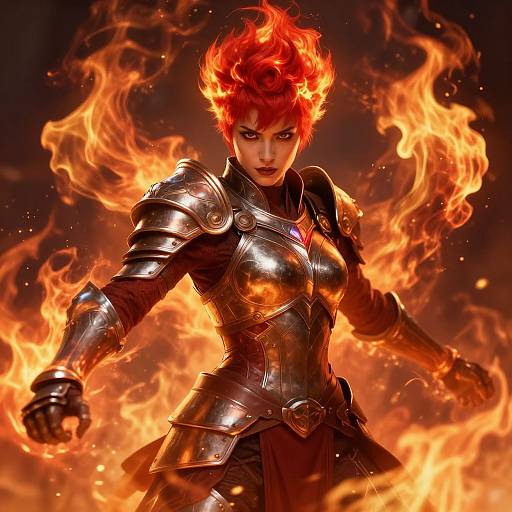 Digital artwork of a fierce, red-haired woman with flaming hair, clad in shiny black armor, surrounded by intense orange and yellow flames.