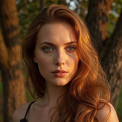 Photograph of a fair-skinned, green-eyed woman with long, wavy, red-brown hair, standing in a sunlit forest, wearing
