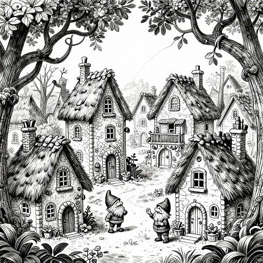 Black-and-white ink illustration of a whimsical village with thatched-roof cottages, surrounded by dense trees and shrubs, featuring small, detailed