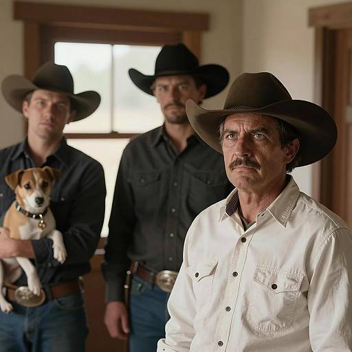 Three Cowboys with Dog Indoors
