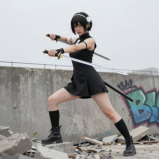 Asian Woman Warrior with Dual Swords on Urban Rubble