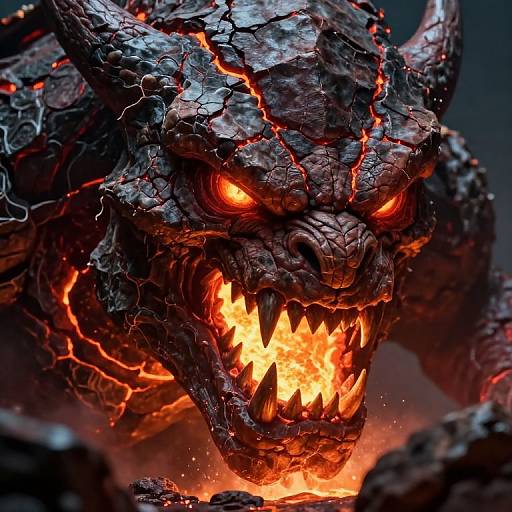 CGI image of a fierce, glowing-eyed, fire-breathing dragon with cracked, dark scales and sharp teeth, roaring against a dark background.