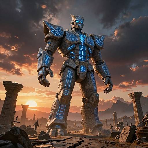 Colossus Over Ancient Battlefield at Sunset
