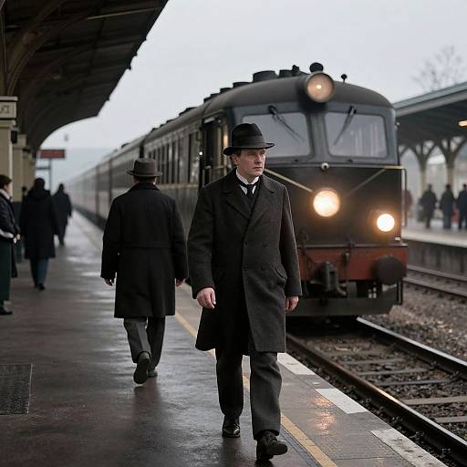 Photograph of a vintage train station with a black steam locomotive; two men in black coats and hats walk on the wet platform. Overcast sky