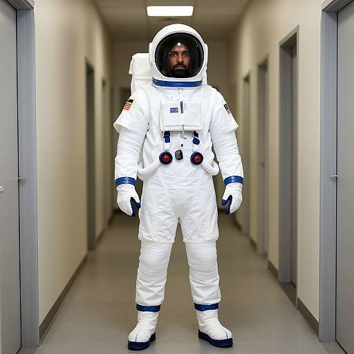 Man in Space Shuttle Costume in Hallway