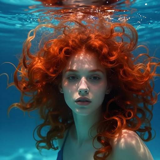 Photograph of a young woman with vibrant red, curly hair floating underwater, surrounded by blue light, gazing intently forward.