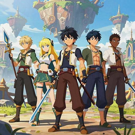 Anime-style digital illustration of five fantasy adventurers in front of floating, medieval-style structures. They hold swords, wear varied outfits, and stand confidently under a