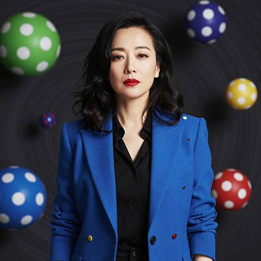 Confident Asian Woman in Polka Dot Blazer