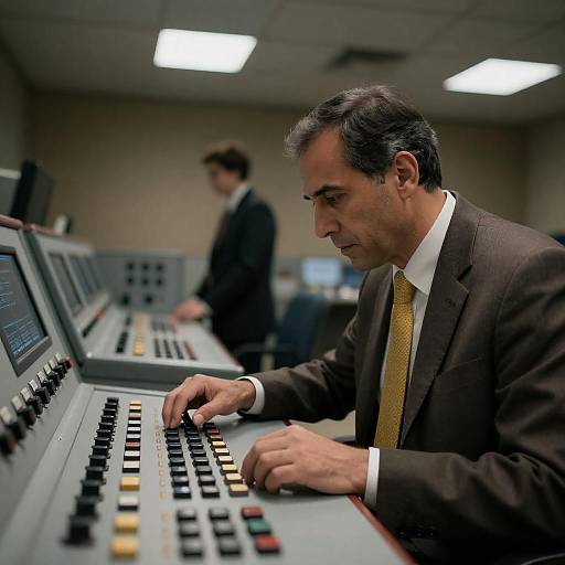 Focused Man Operating Complex Control Panel