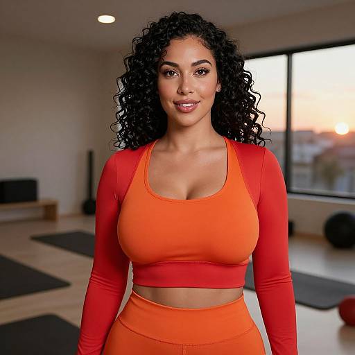Photograph of a smiling woman with curly black hair, medium tan skin, wearing a tight orange long-sleeve crop top and matching high-wa