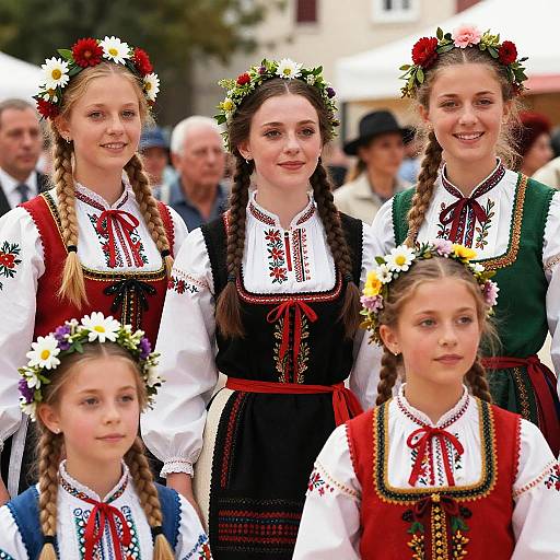 Photograph of four young girls in traditional Bavarian dirndls with floral crowns, white blouses, and red vests, standing outdoors with blurred