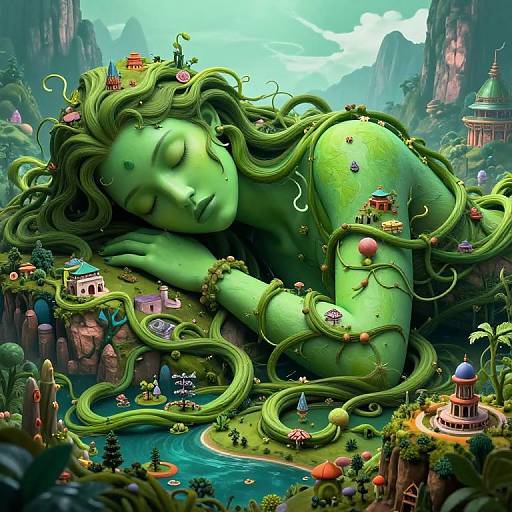 Digital fantasy artwork: A serene, green-skinned, giantess with vine hair sleeps among whimsical, colorful villages and gardens, surrounded by winding vines