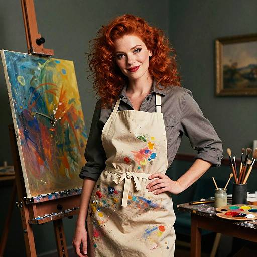 Photograph of a smiling, red-haired woman with curly hair, wearing a gray shirt and paint-splattered apron, standing in an artist's