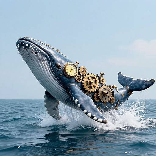 Photorealistic CGI of a massive, blue-gray whale with intricately detailed gears and clock mechanisms on its body, leaping out of the ocean.