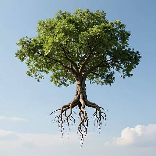 Photograph of a floating tree with green leaves and exposed, tangled roots against a clear blue sky with a few clouds.