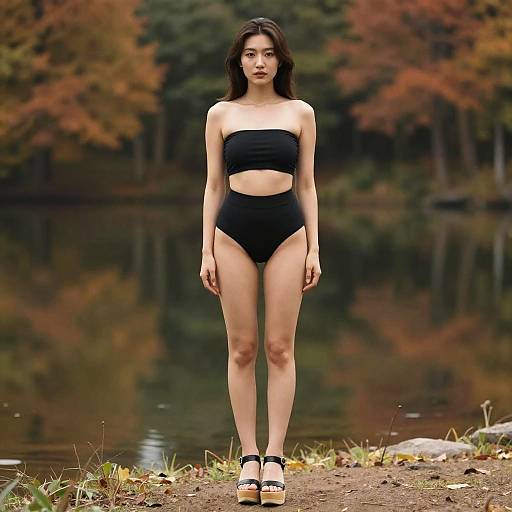 Photograph of a young Asian woman with long dark hair, wearing a black strapless crop top and high-waisted bikini bottoms, standing on a