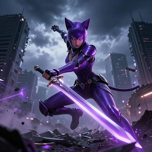Digital artwork of a fierce, purple-clad catwoman wielding a glowing purple sword, mid-action in a stormy, ruined cityscape.