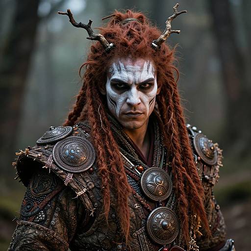 Photograph of a fierce, white-faced warrior with red dreadlocks, horned headdress, and ornate, spiked armor in a misty forest