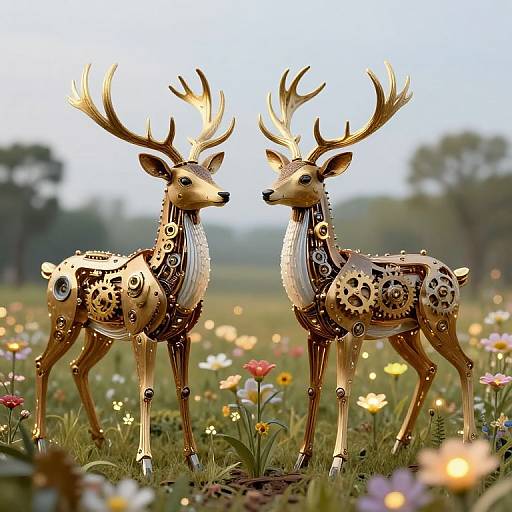 Photograph of two intricately designed, metallic, golden deer with elaborate, swirling patterns, standing in a vibrant meadow filled with colorful flowers under a
