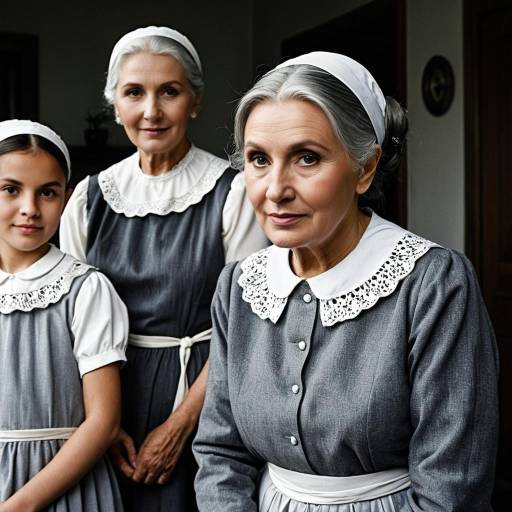 Elderly Women and Girl in Traditional Gray Dresses