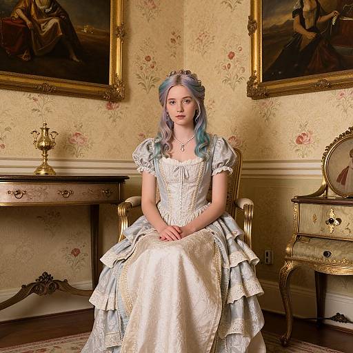 Photograph of a young woman with blue and purple hair, wearing an elaborate, white and blue Victorian-style dress, seated in an ornately decorated,