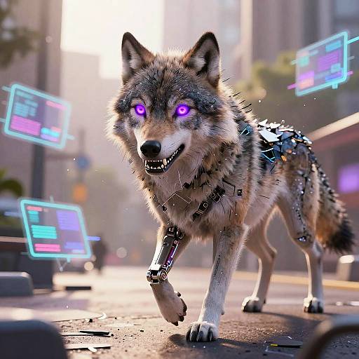 Glitch Art Cyborg Wolf in Neon City