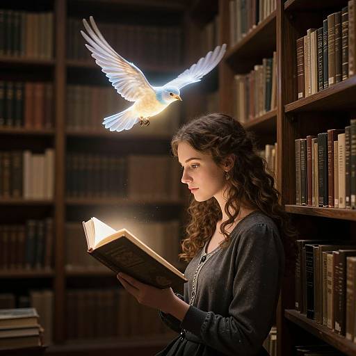 Photograph of a curly-haired woman in a dark blouse reading a glowing book, with a white dove illuminated overhead in a dimly lit library.