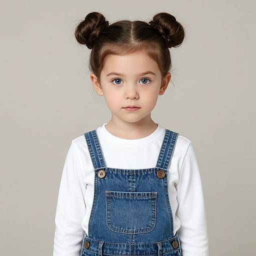 Photograph of a young girl with fair skin, blue eyes, and brown hair in double buns, wearing denim overalls over a white shirt,