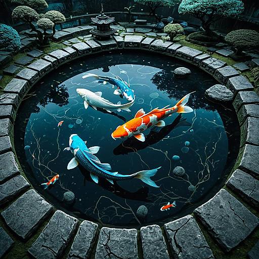 Koi Fish in Ancient Zen Garden Pond