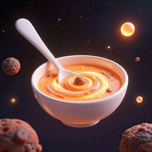 Photorealistic CGI of a white bowl filled with glowing orange liquid, a spoon inside, floating in space with planets.