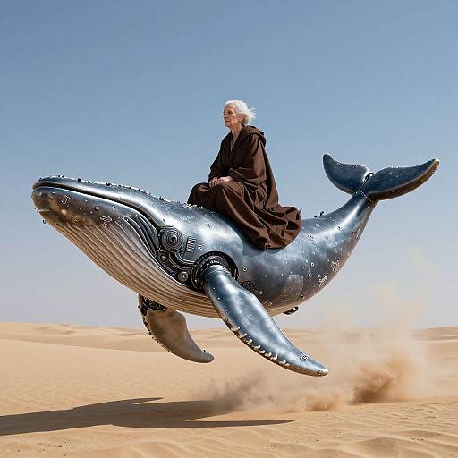 Photograph of a white-haired man in a brown robe riding a silver, ornate whale-like vehicle through a clear blue sky over a sandy desert.