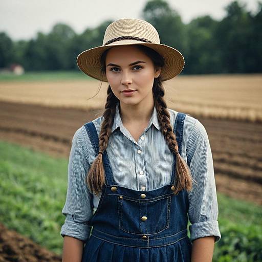 Young Female Farmer in Field Wearing Straw Hat