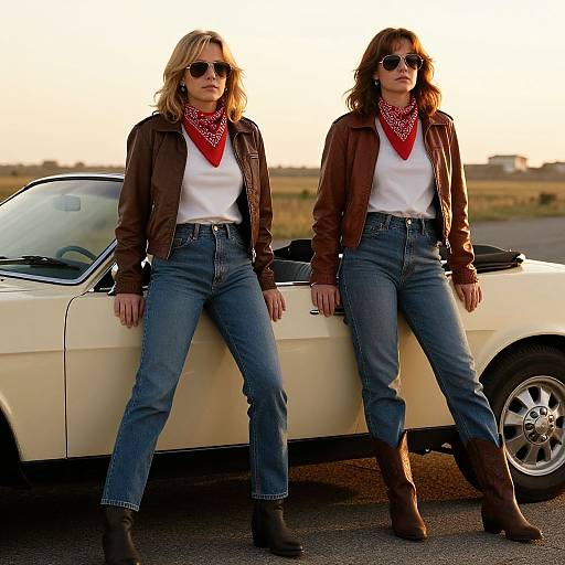 Photograph of two blonde women with sunglasses, red bandanas, brown leather jackets, white shirts, blue jeans, and brown boots, leaning against a