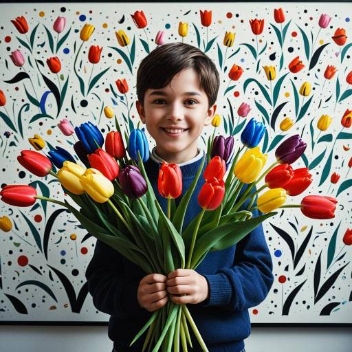 Young Boy Holding Colorful Tulips