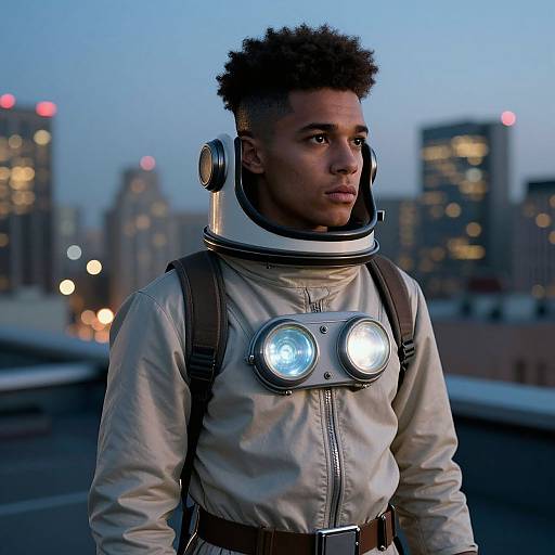 Photograph of a young Black man with curly hair wearing a vintage aviator helmet and goggles, standing on a rooftop at dusk, city lights in the