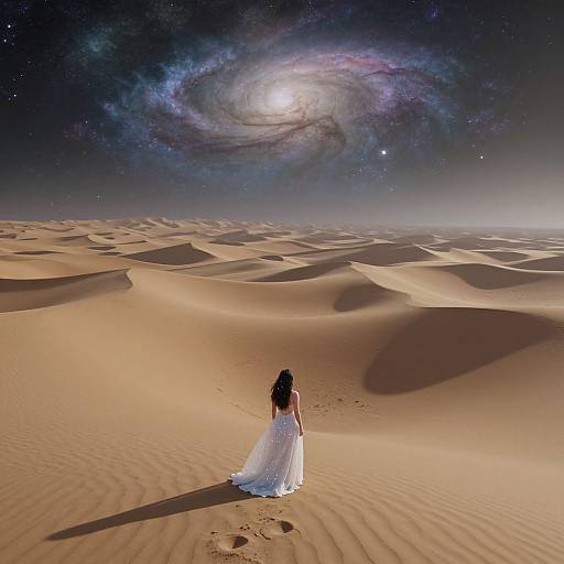 Photograph of a lone woman in a white, flowing dress standing in a vast, starlit desert with a glowing spiral galaxy overhead.