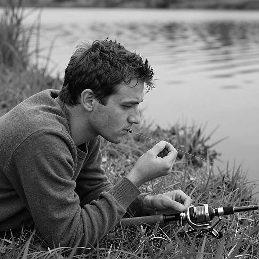 Man Fishing by the Lake in Monochrome