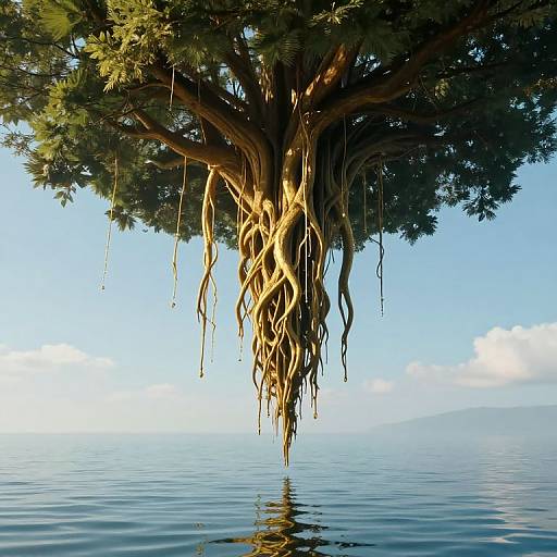 Photograph of a large tree with intricate, hanging roots submerged in calm, reflective water under a clear blue sky.