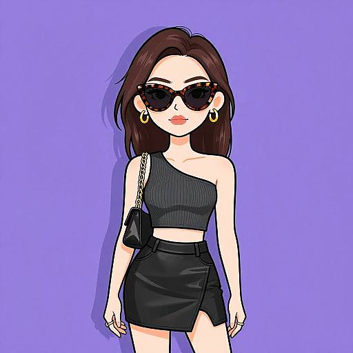 Digital drawing of a stylish woman with dark brown hair, black one-shoulder crop top, black mini skirt, large black sunglasses, gold hoop earrings