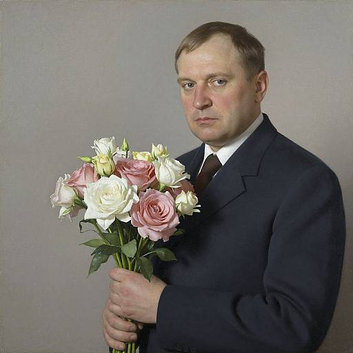 Photograph of a serious, fair-skinned man with short brown hair, wearing a black suit and tie, holding a bouquet of pink and white roses