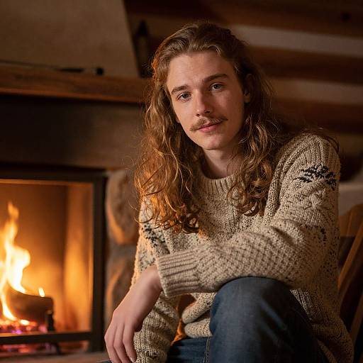 Photograph of a young man with long, wavy brown hair and a mustache, wearing a beige knit sweater, sitting by a cozy, lit