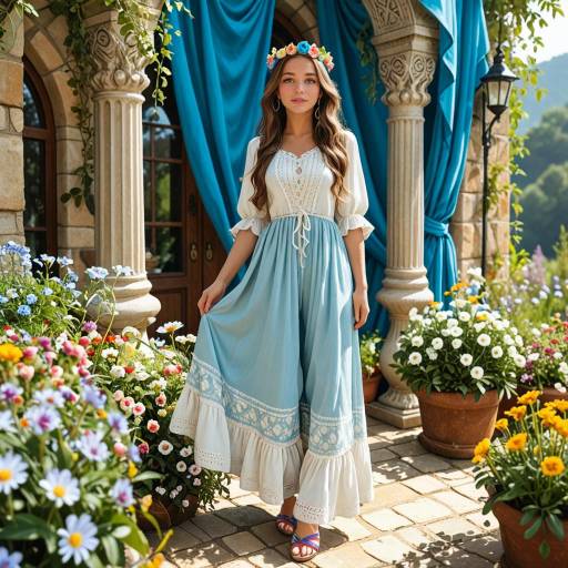 Woman in Blue Floral Boho Dress with Flower Crown