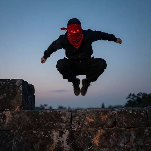 Photograph of a ninja-style figure with red bandana and glowing eyes, mid-air jump over a stone wall, against a twilight sky.
